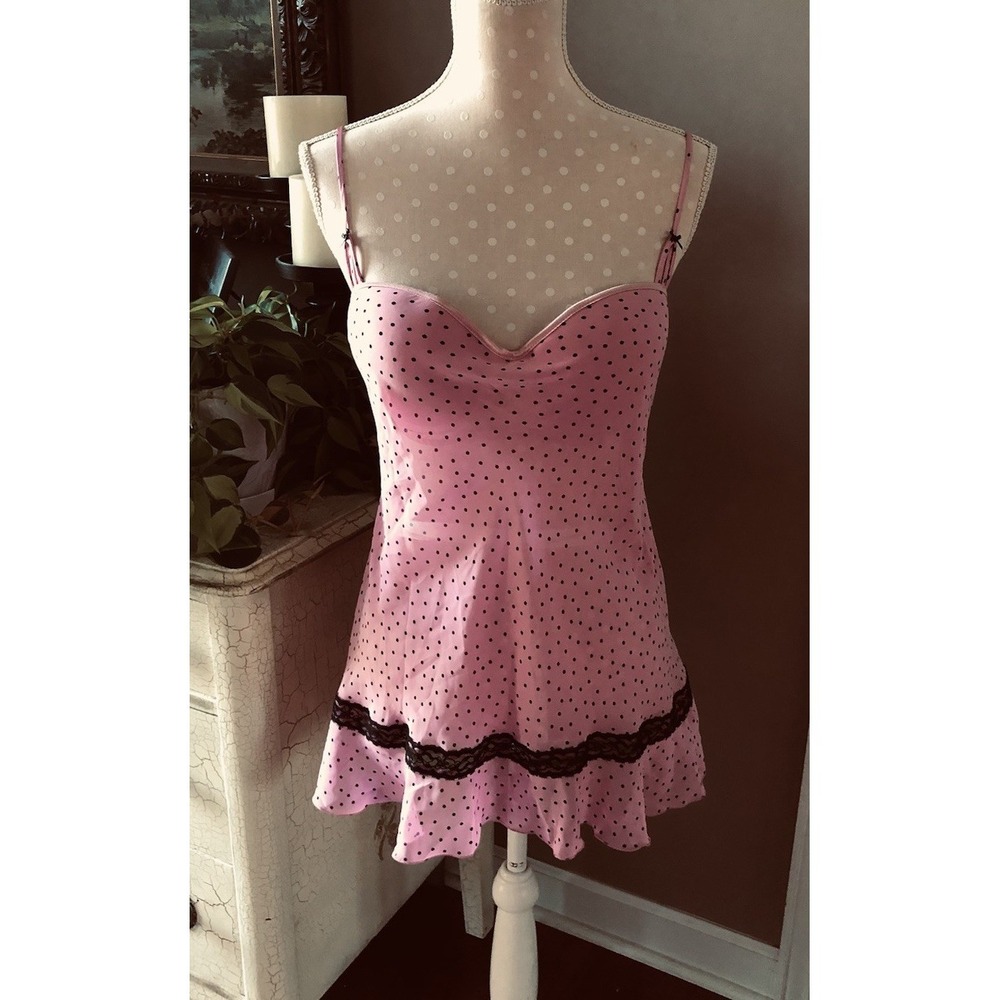 Apt 9 Nightgown Babydoll Sheer & Lace Pink Black Polka Dot Bra + Thong Women's L